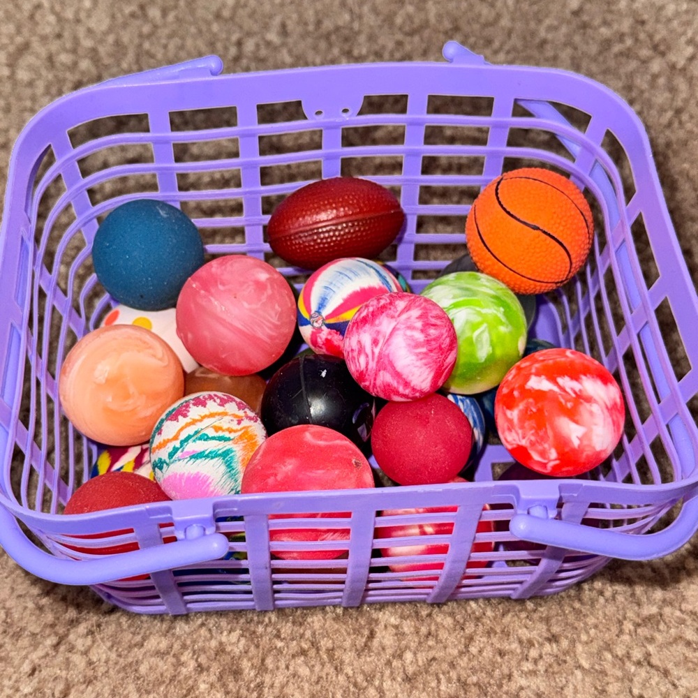 28 Vibrant Bouncy Ball Collection in Purple Basket